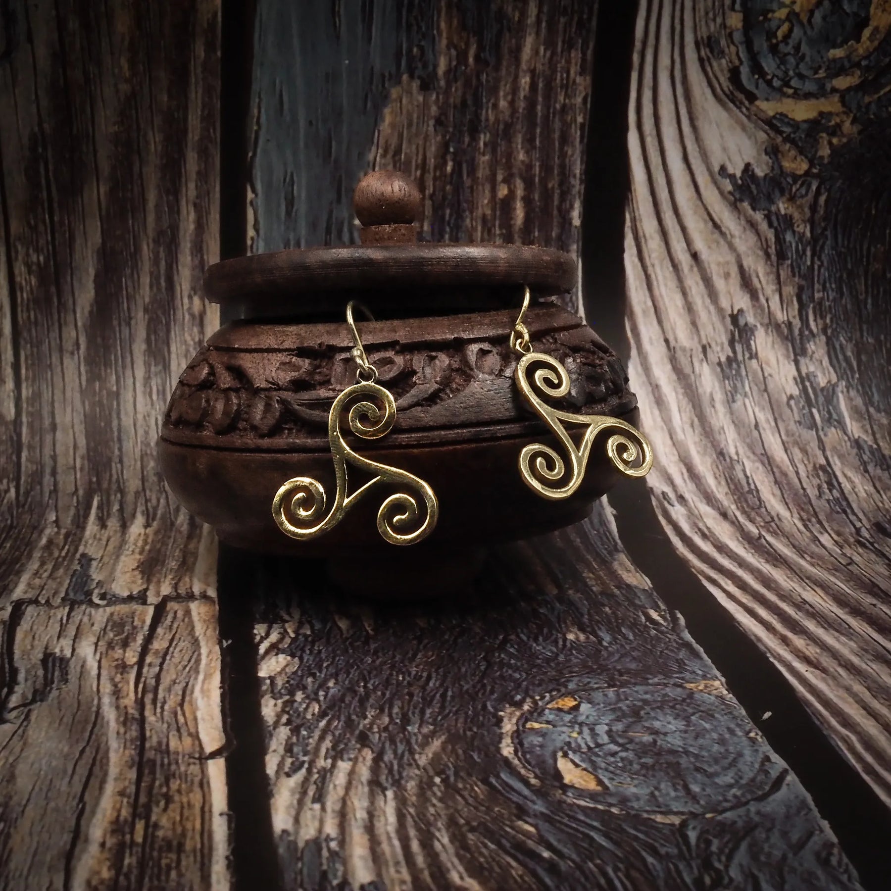 Brass triskele earrings