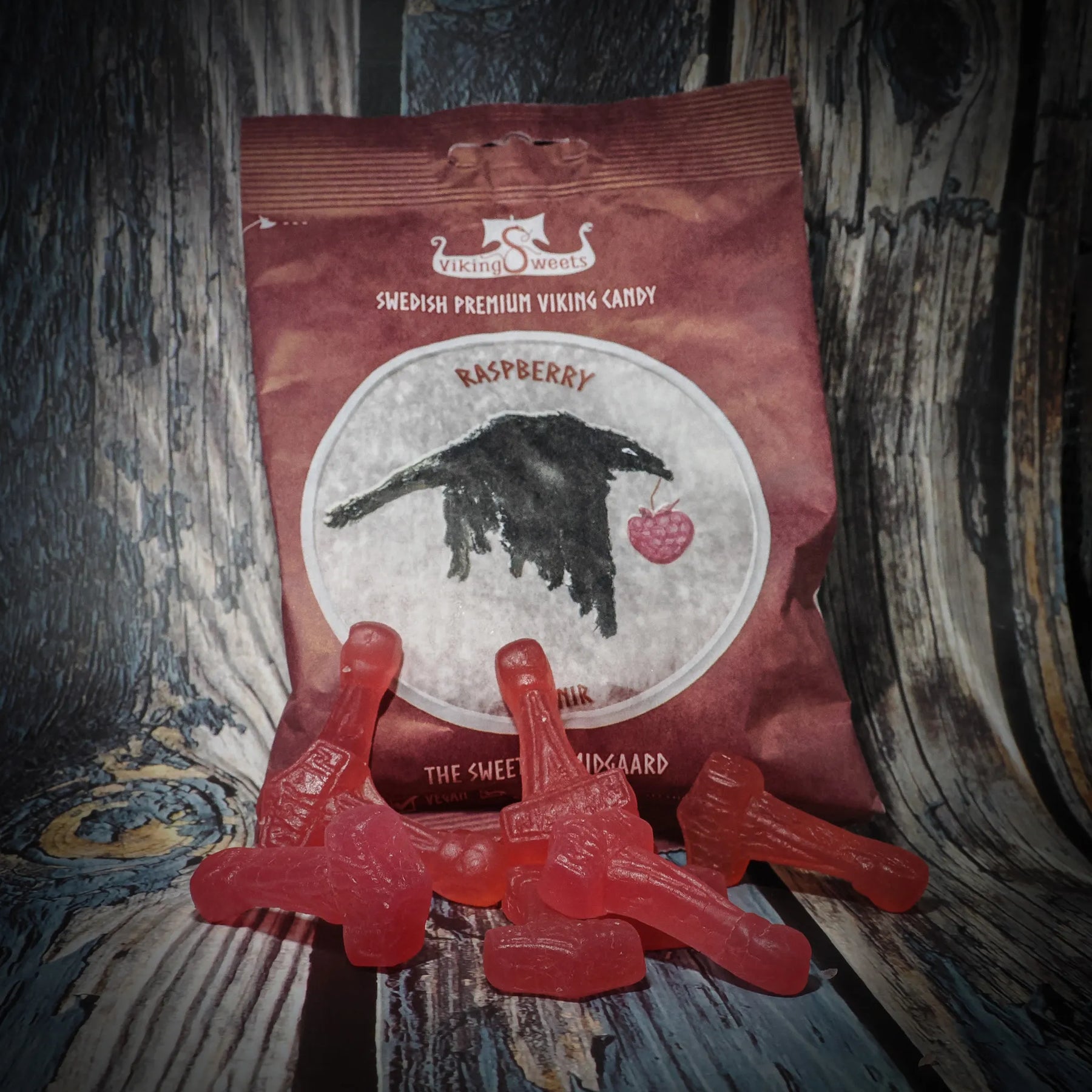 4 sorter Vikingsweets. Hallon, Fläder, Saltlakrits med Enbär, Saltlakrits.