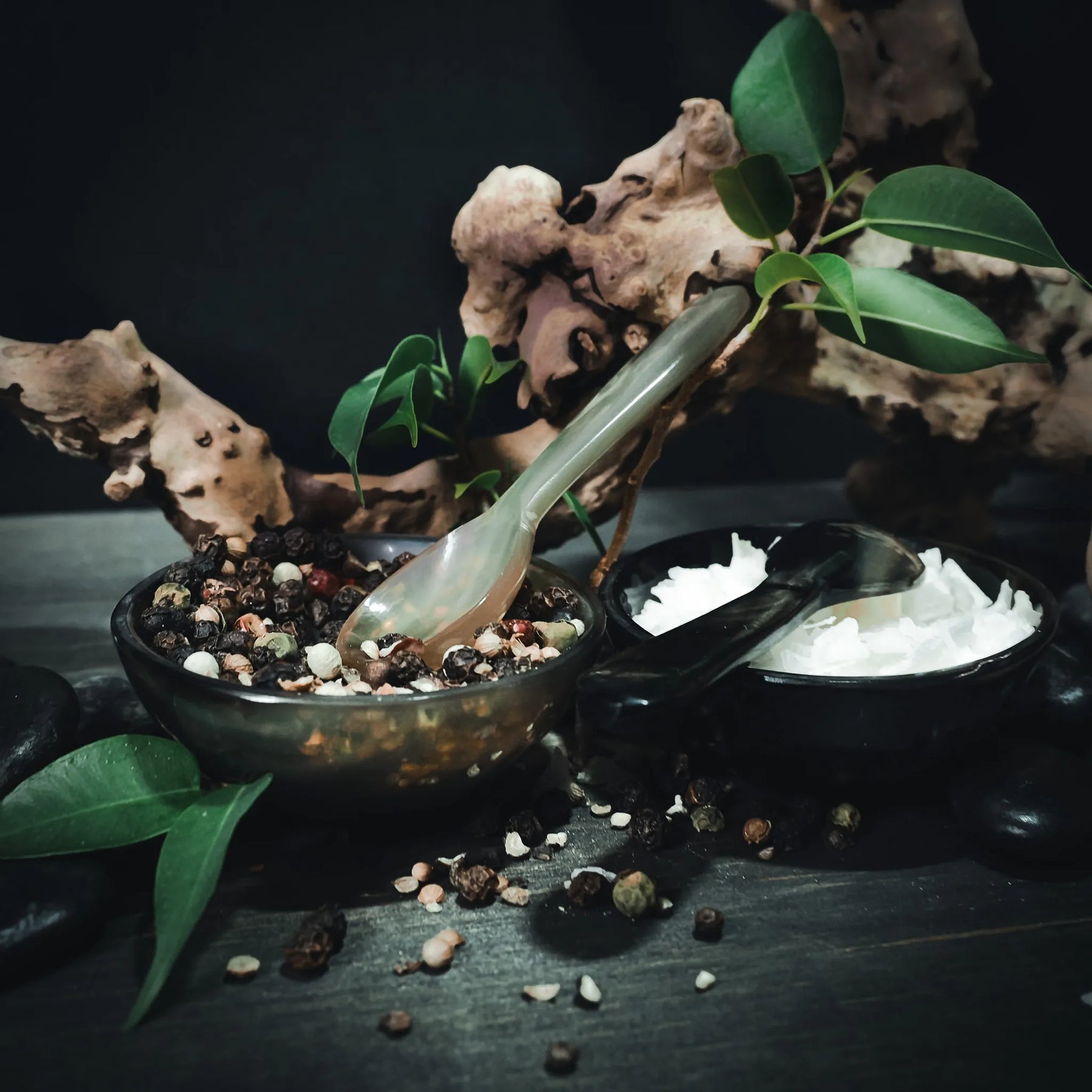 Salt and pepper bowls with spoon.