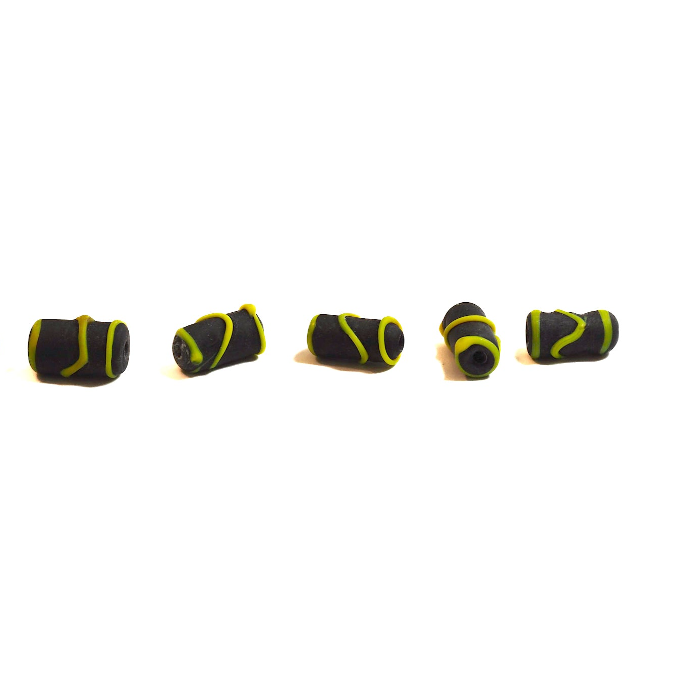 Glass bead, black with yellow decor, matt