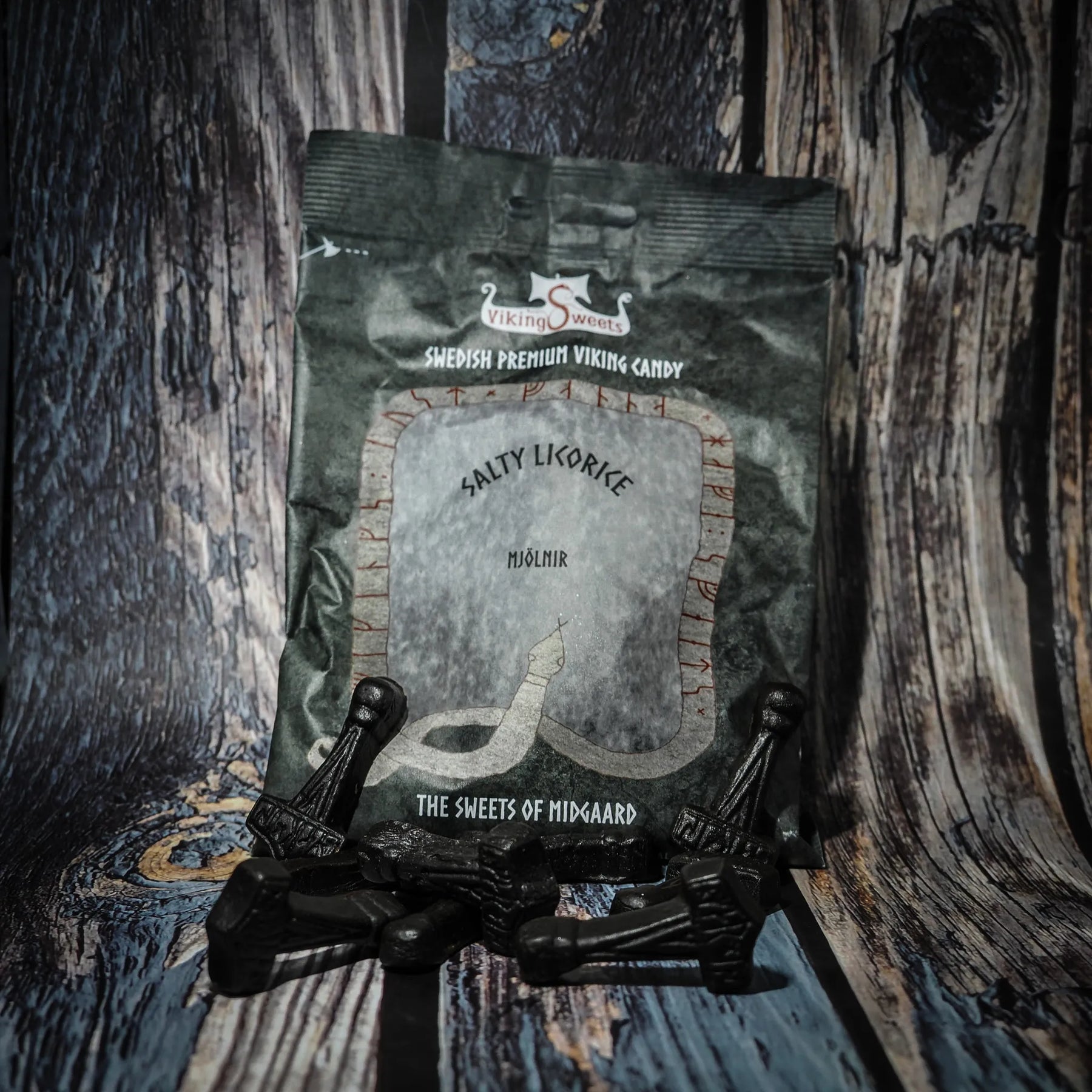 4 sorter Vikingsweets. Hallon, Fläder, Saltlakrits med Enbär, Saltlakrits.