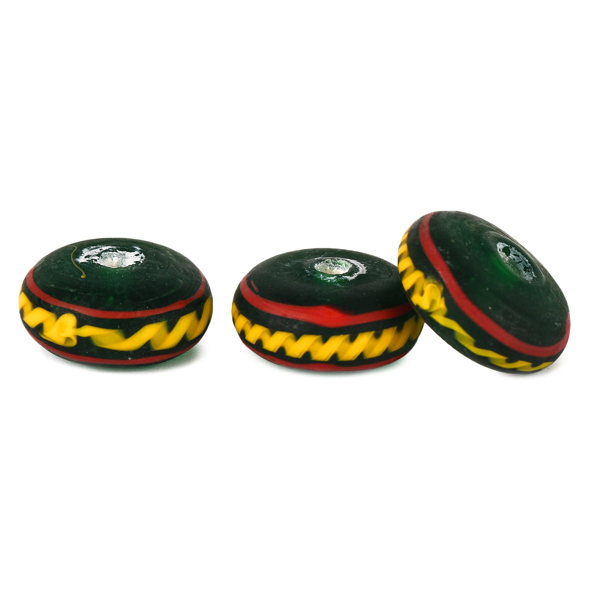 Large green glass bead with decor – spherical shape, spiral pattern in yellow and red, replica of a find from Bodarp, Skåne