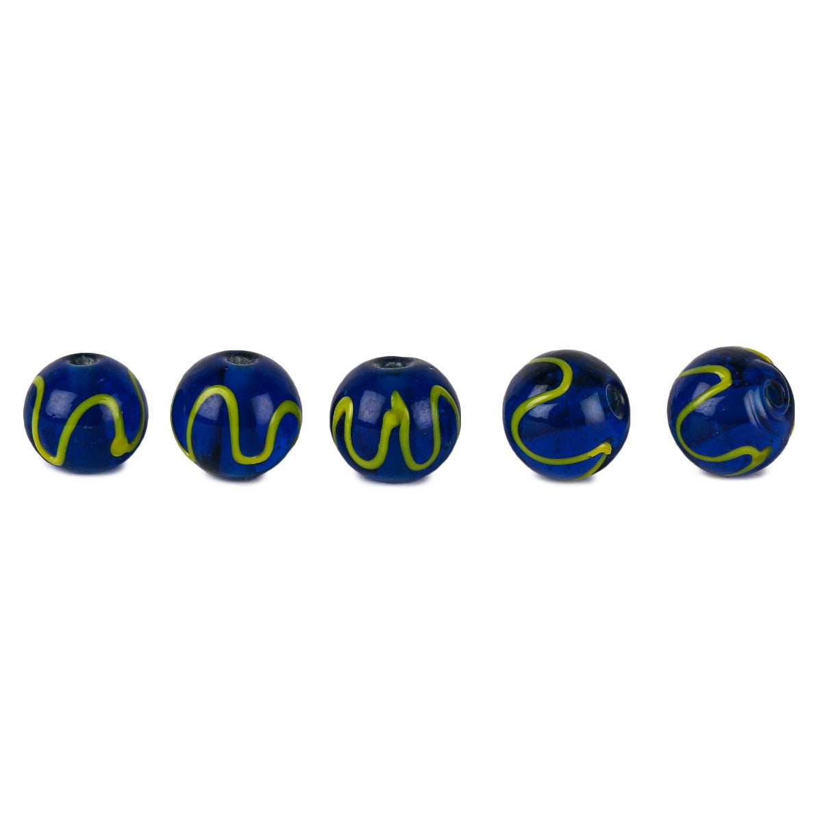 Five blue glass beads with yellow wavy decoration, presented in a row on white background