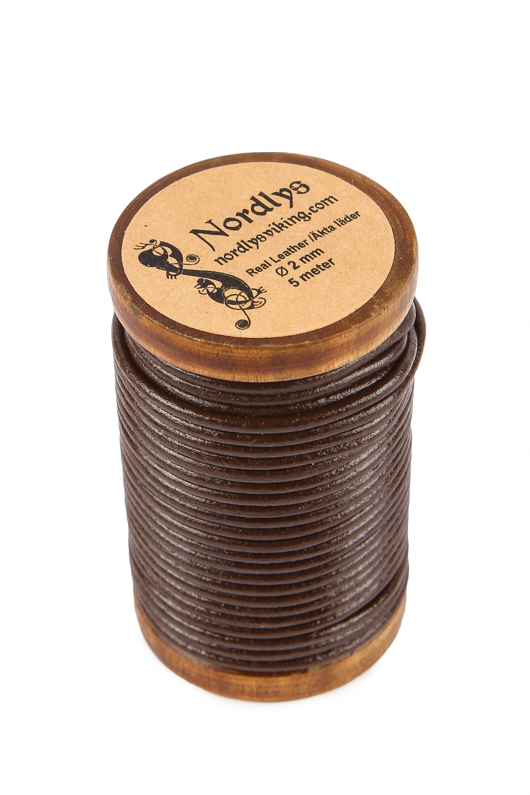 Nordlysviking_laderband_brun_2mm_5meter_träspole