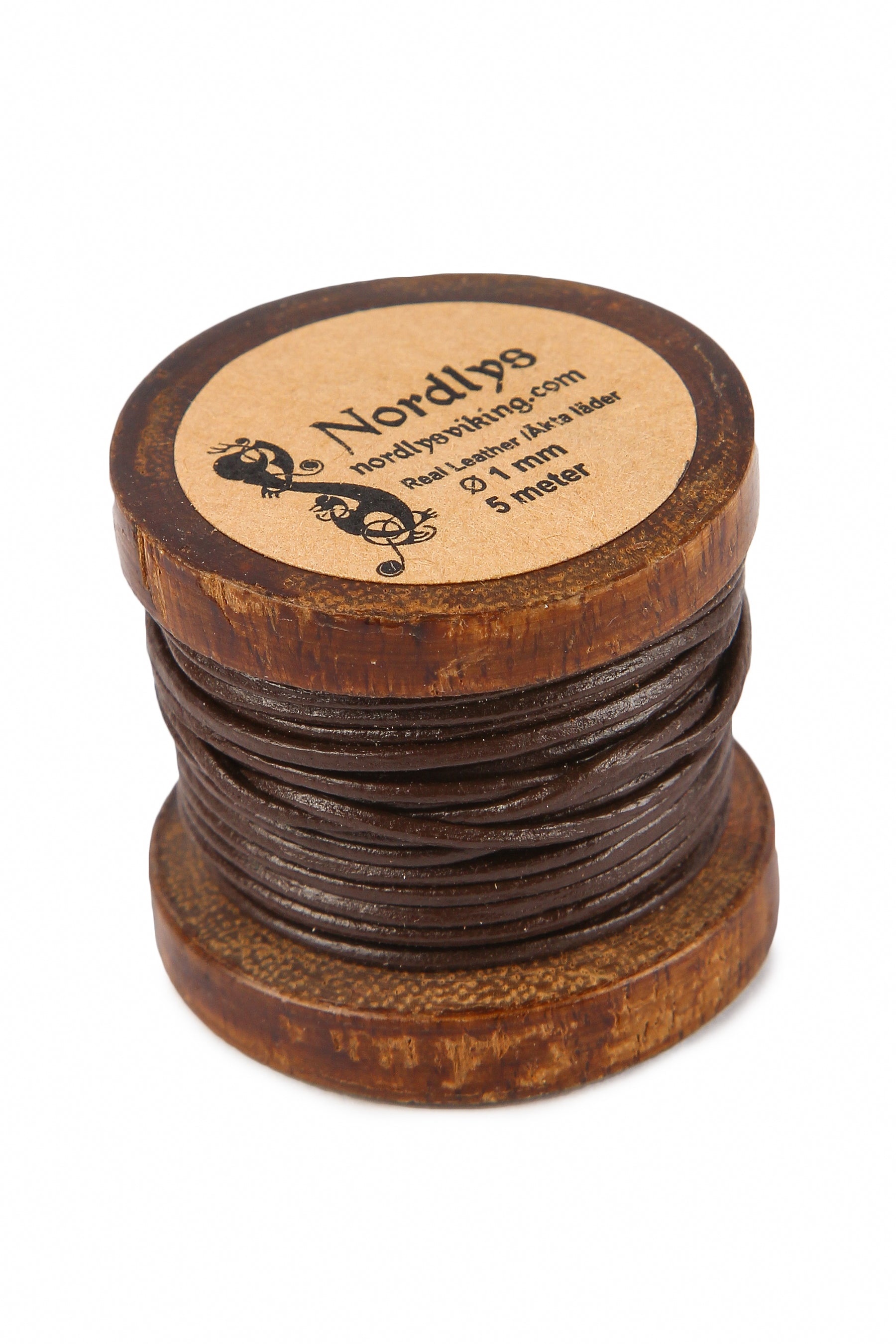 Leather string in brown leather. one millimeter thick. High quality string that is seamless and made from natural leather. Rolled onto a traditional wooden spool.