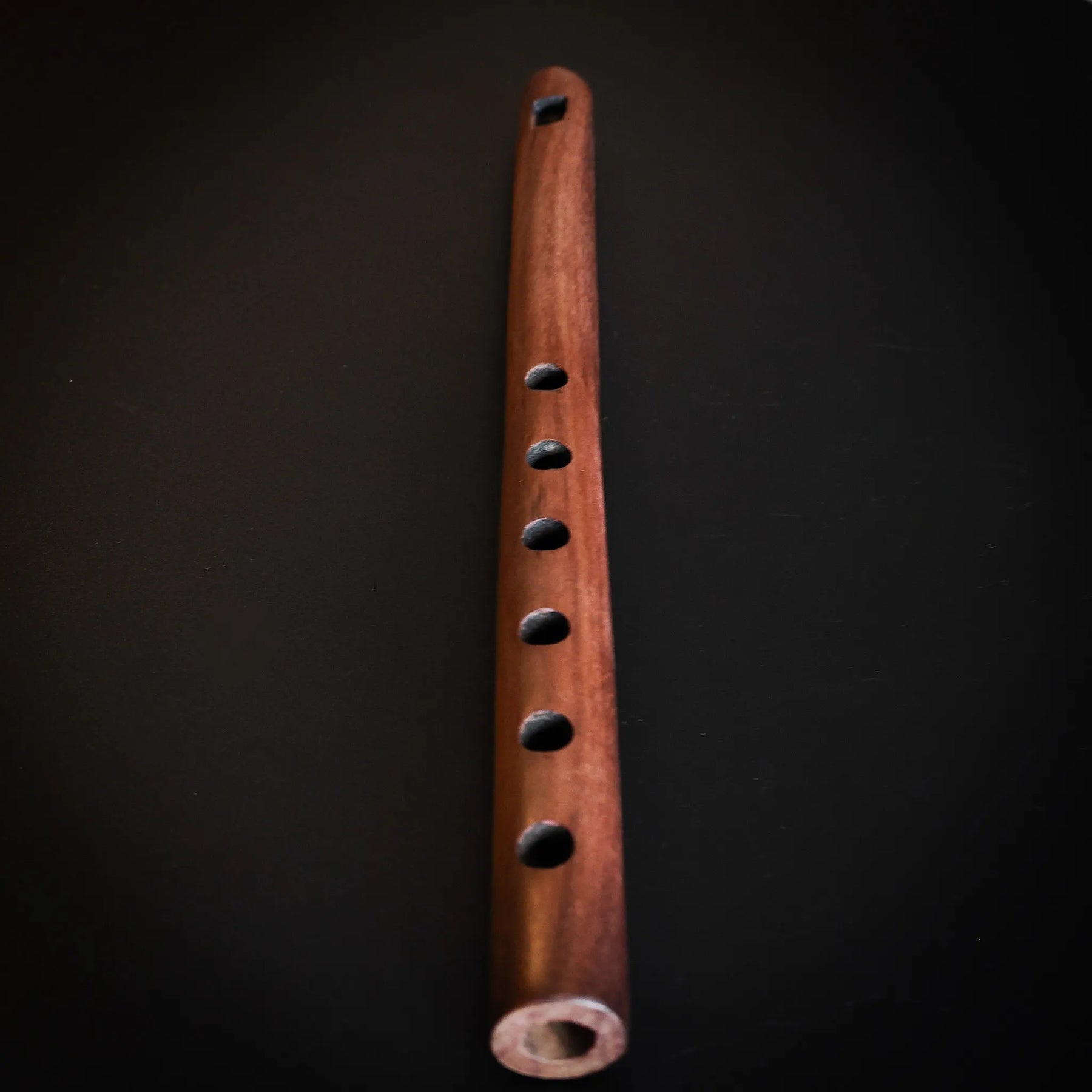 Träflöjt med fingerhål på mörk bakgrund