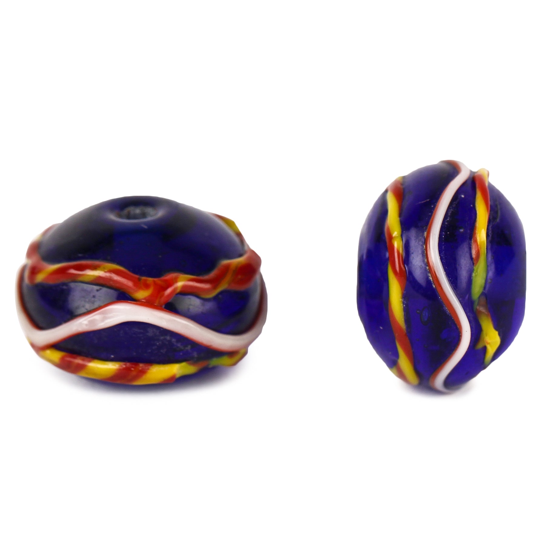 Blue glass bead with red, white and yellow pattern