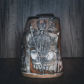 Hand carved horn mug, Allfather Odin