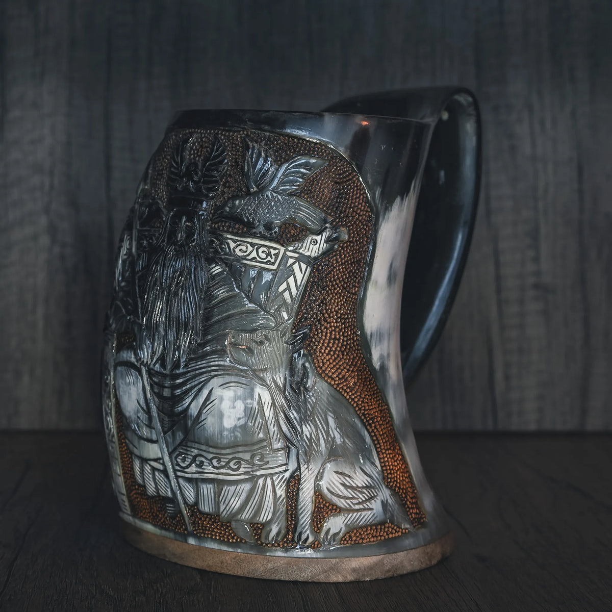 Hand carved horn mug, Allfather Odin