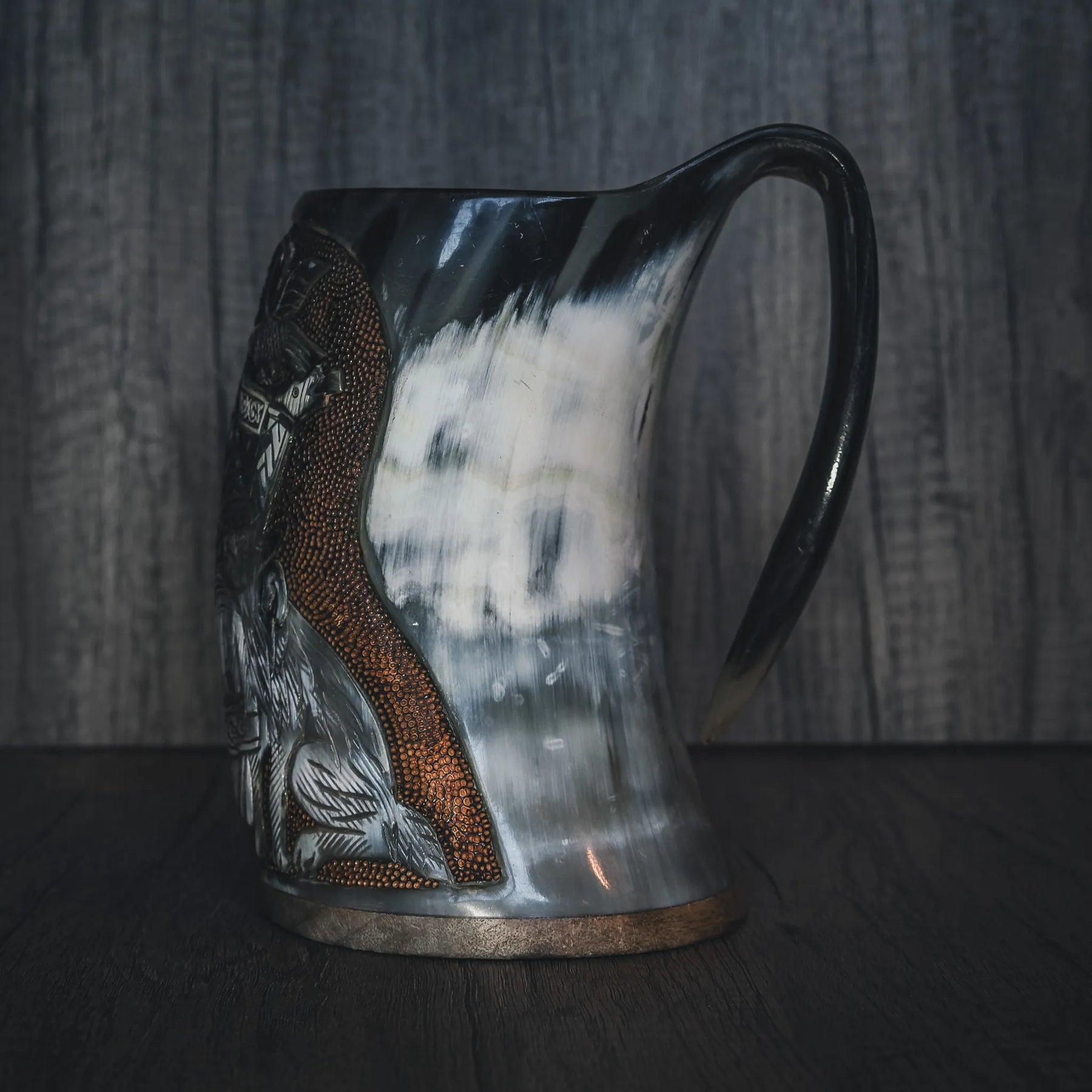 Hand carved horn mug, Allfather Odin