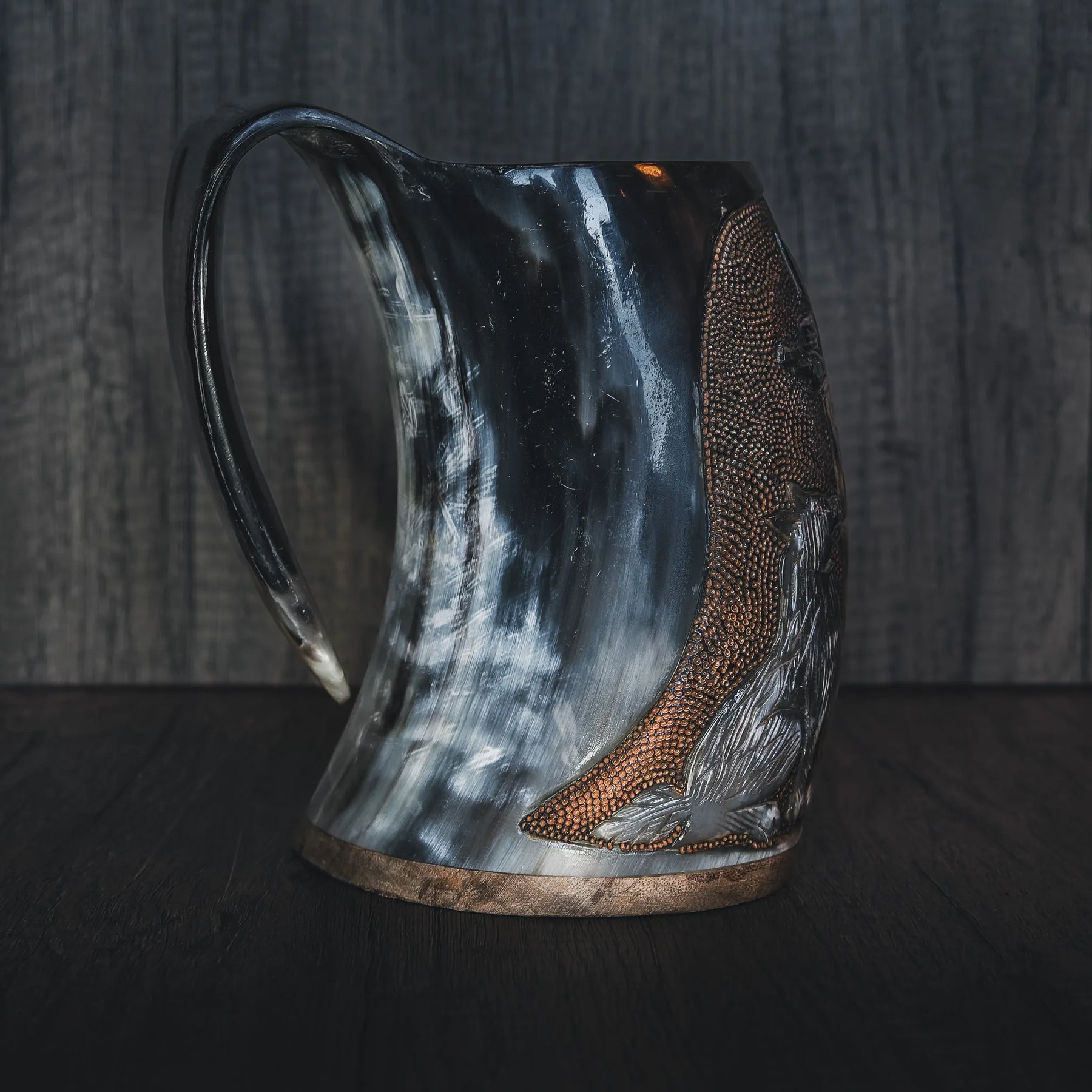 Hand carved horn mug, Allfather Odin