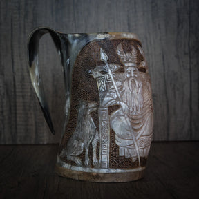 Hand carved horn mug, Allfather Odin