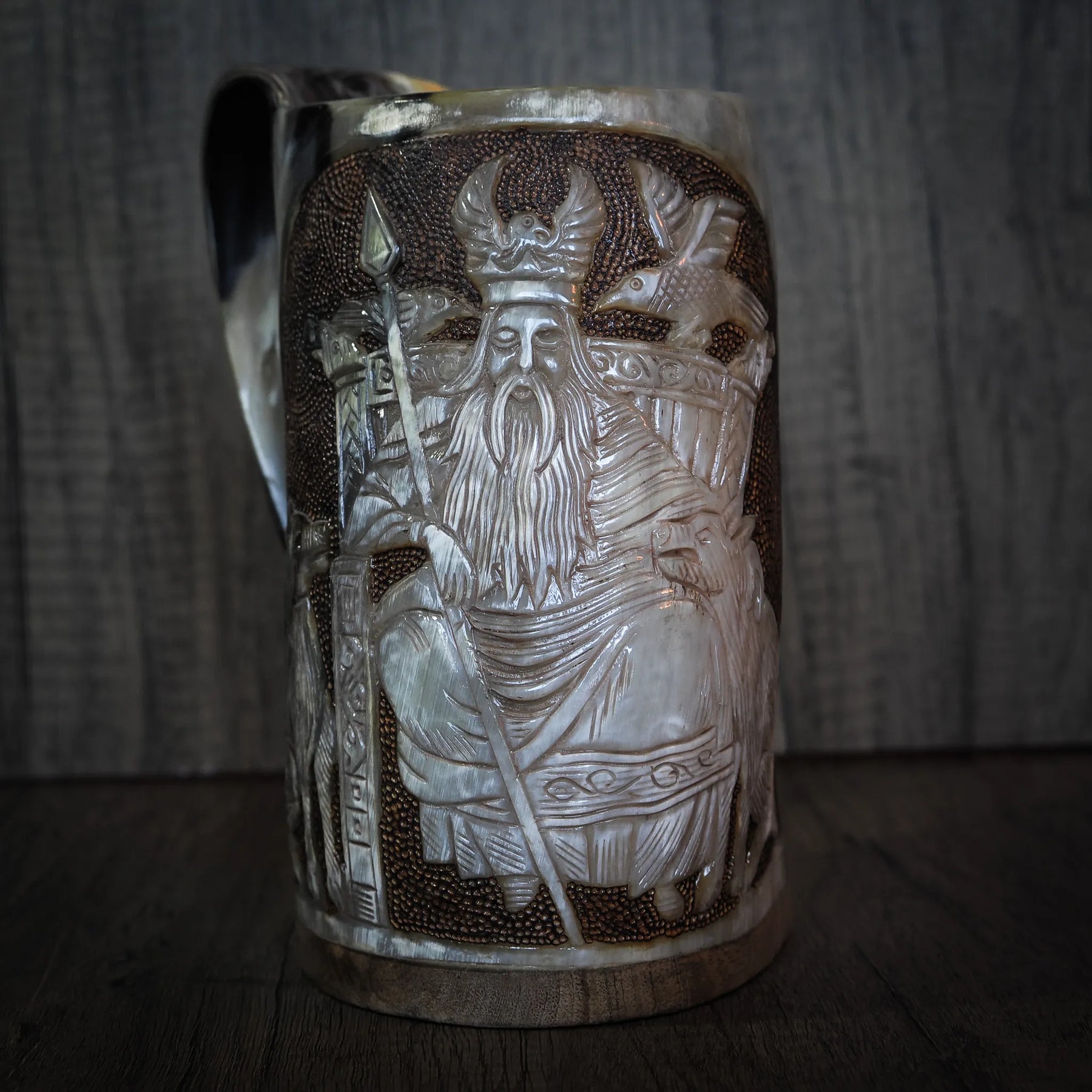 Hand carved horn mug, Allfather Odin