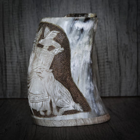 Hand carved horn mug, Allfather Odin