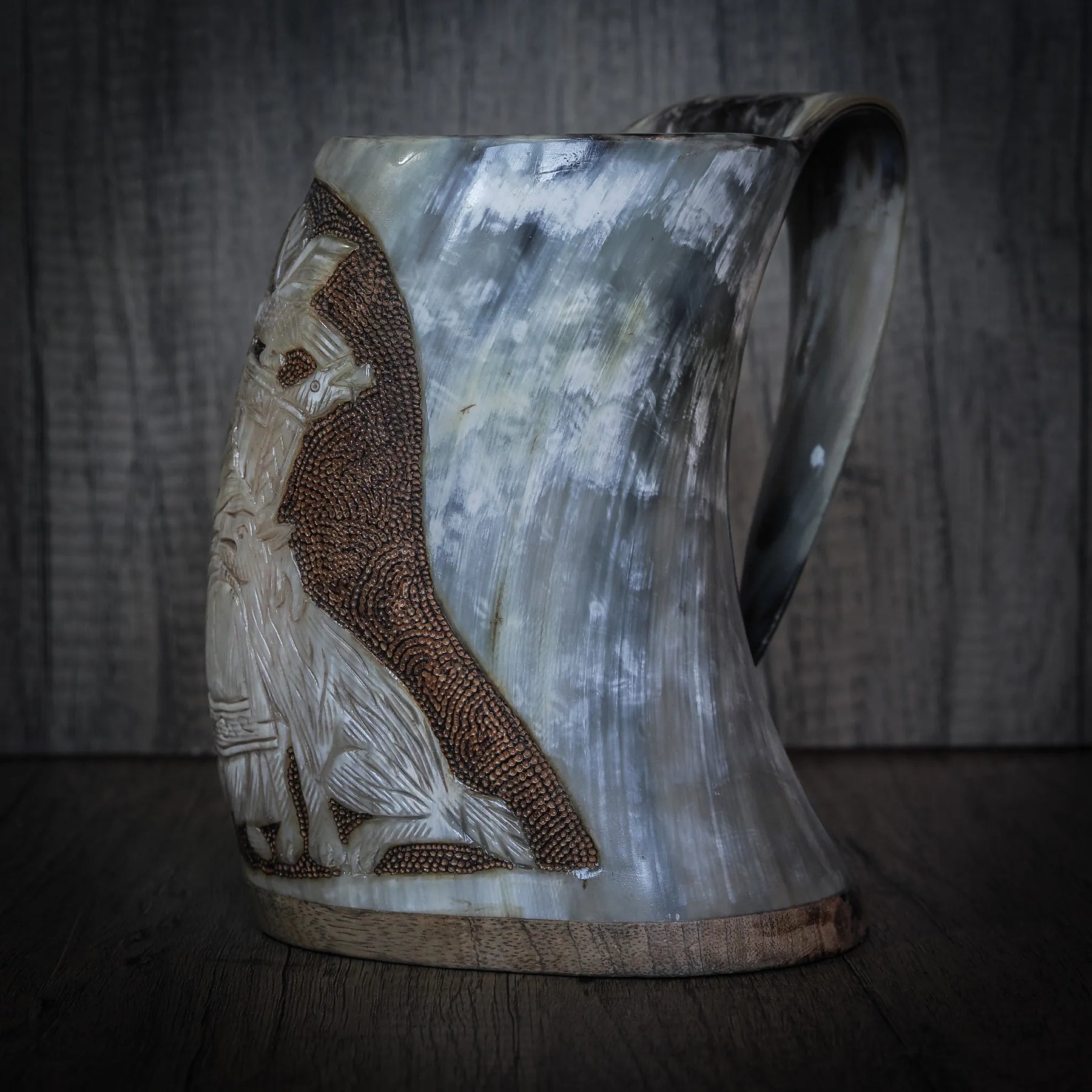 Hand carved horn mug, Allfather Odin