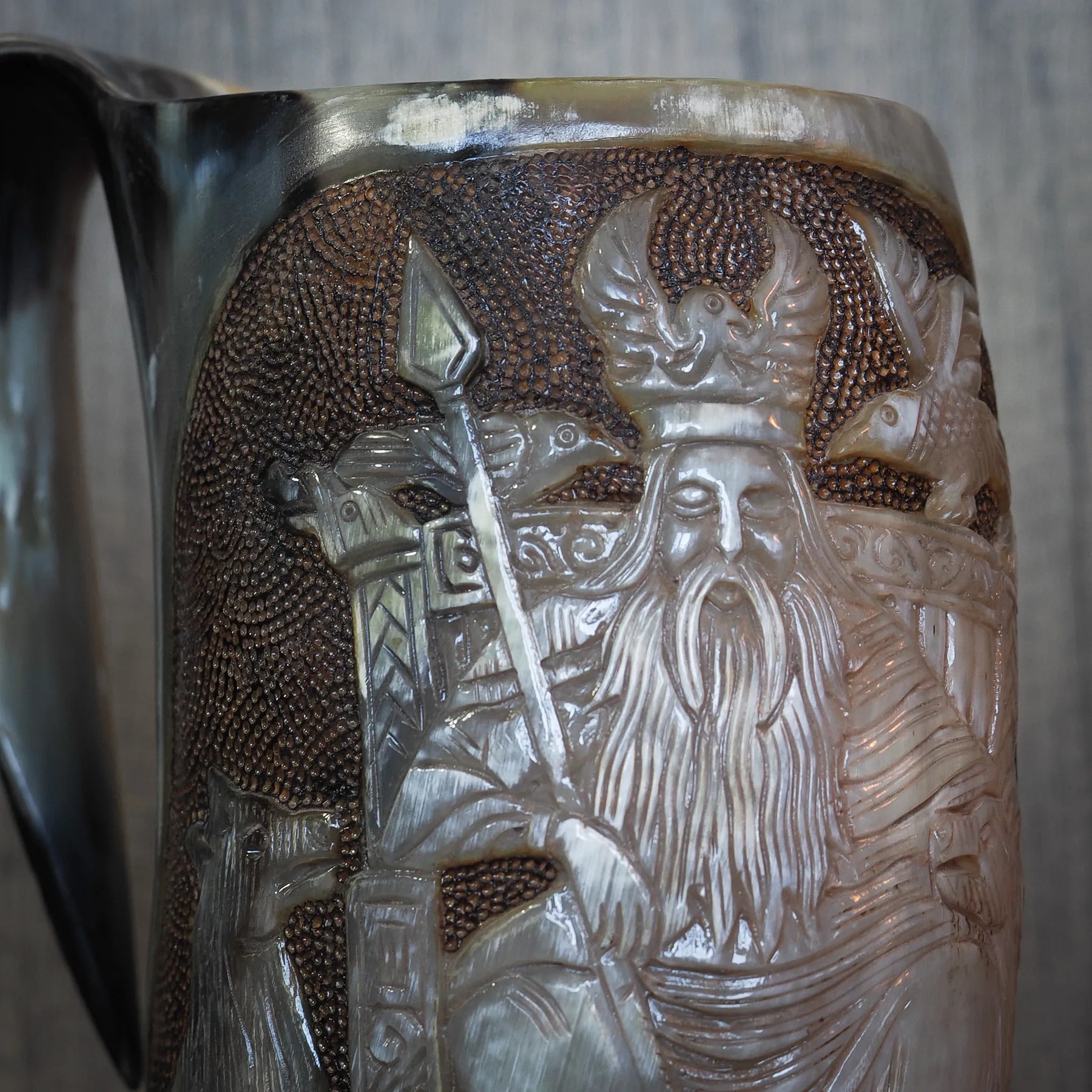 Hand carved horn mug, Allfather Odin