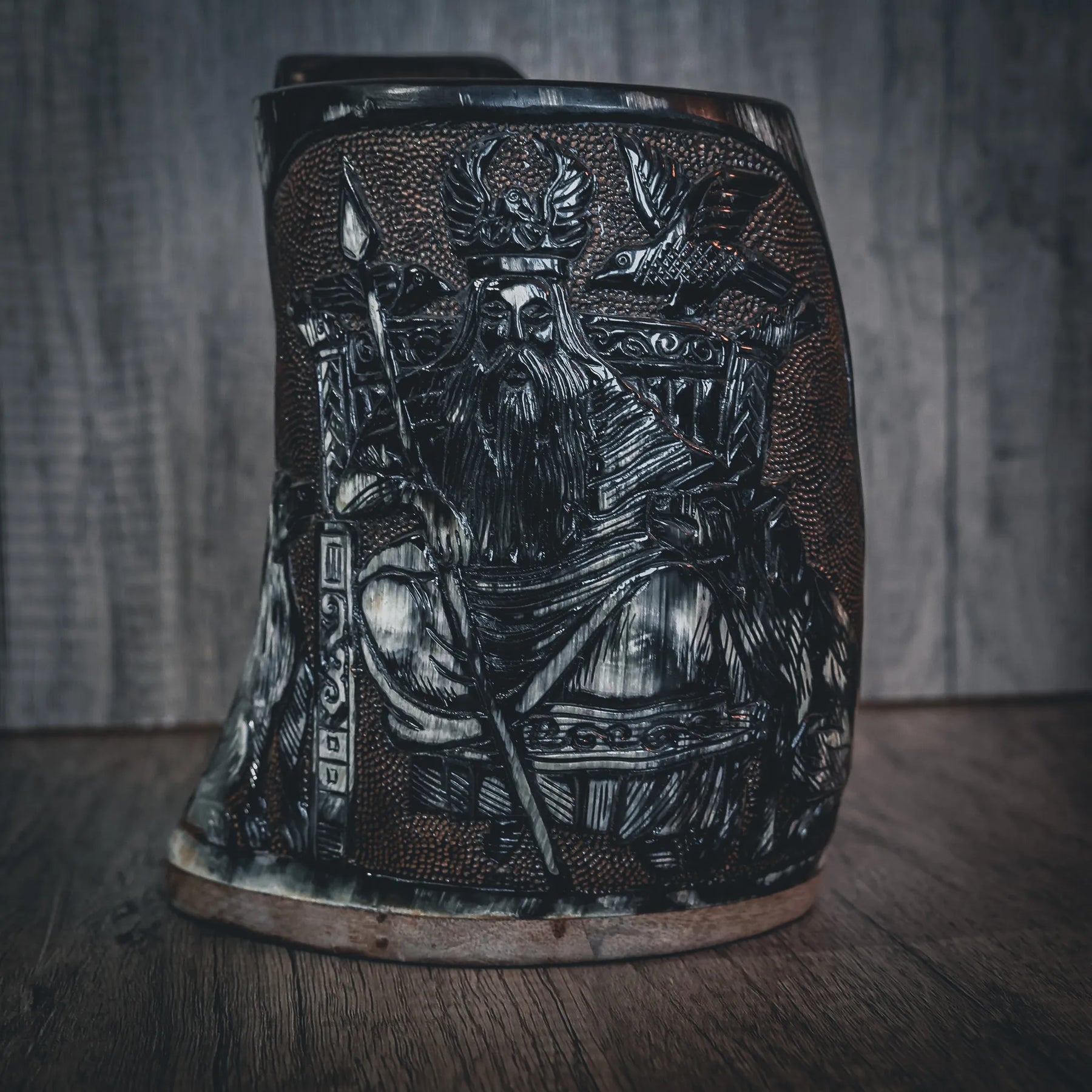 Hand carved horn mug, Allfather Odin