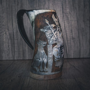 Hand carved horn mug, Allfather Odin