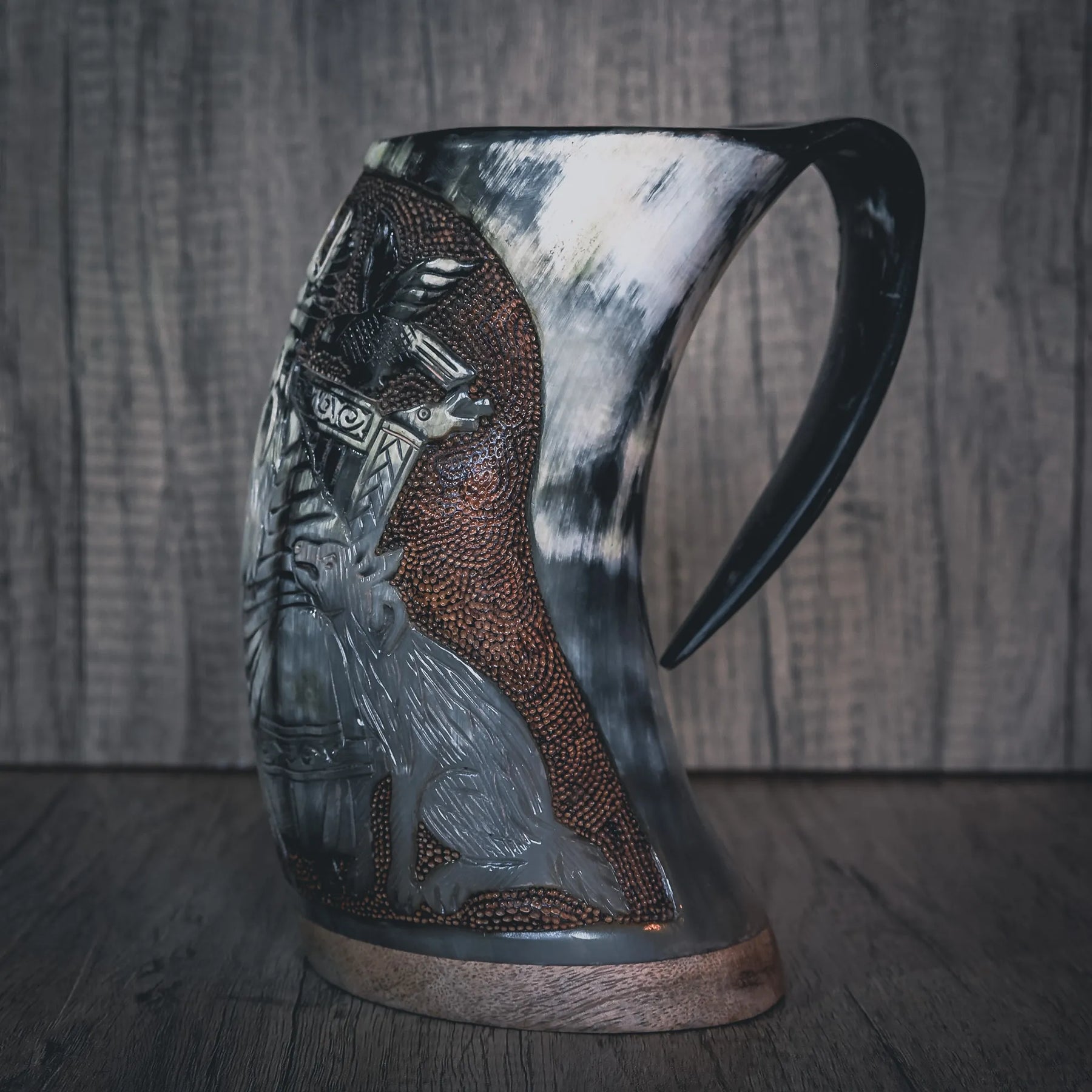 Hand carved horn mug, Allfather Odin