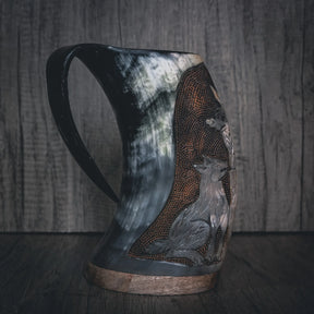 Hand carved horn mug, Allfather Odin