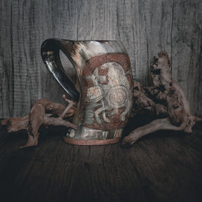 Hand carved horn mug, Odin on horse