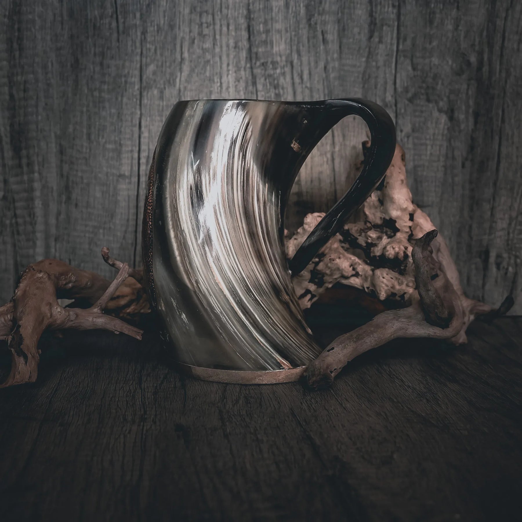 Hand carved horn mug, Odin on horse