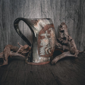 Hand carved horn mug, Odin on horse