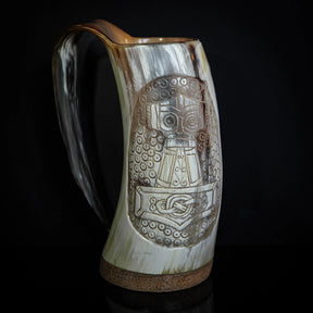 Hand carved horn mug, Hammer of Thor