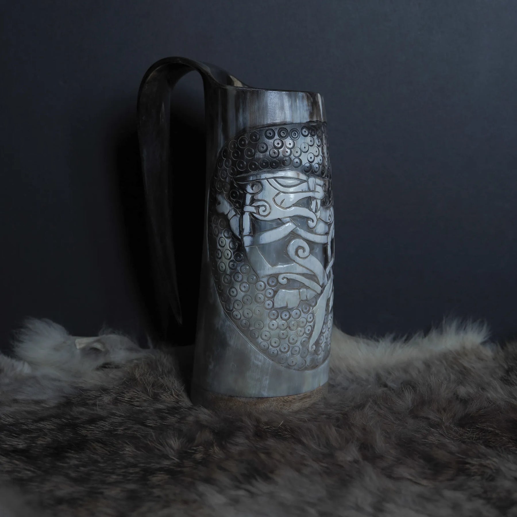 Hand carved horn mug, Allfather Odin