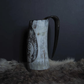 Hand carved horn mug, Allfather Odin