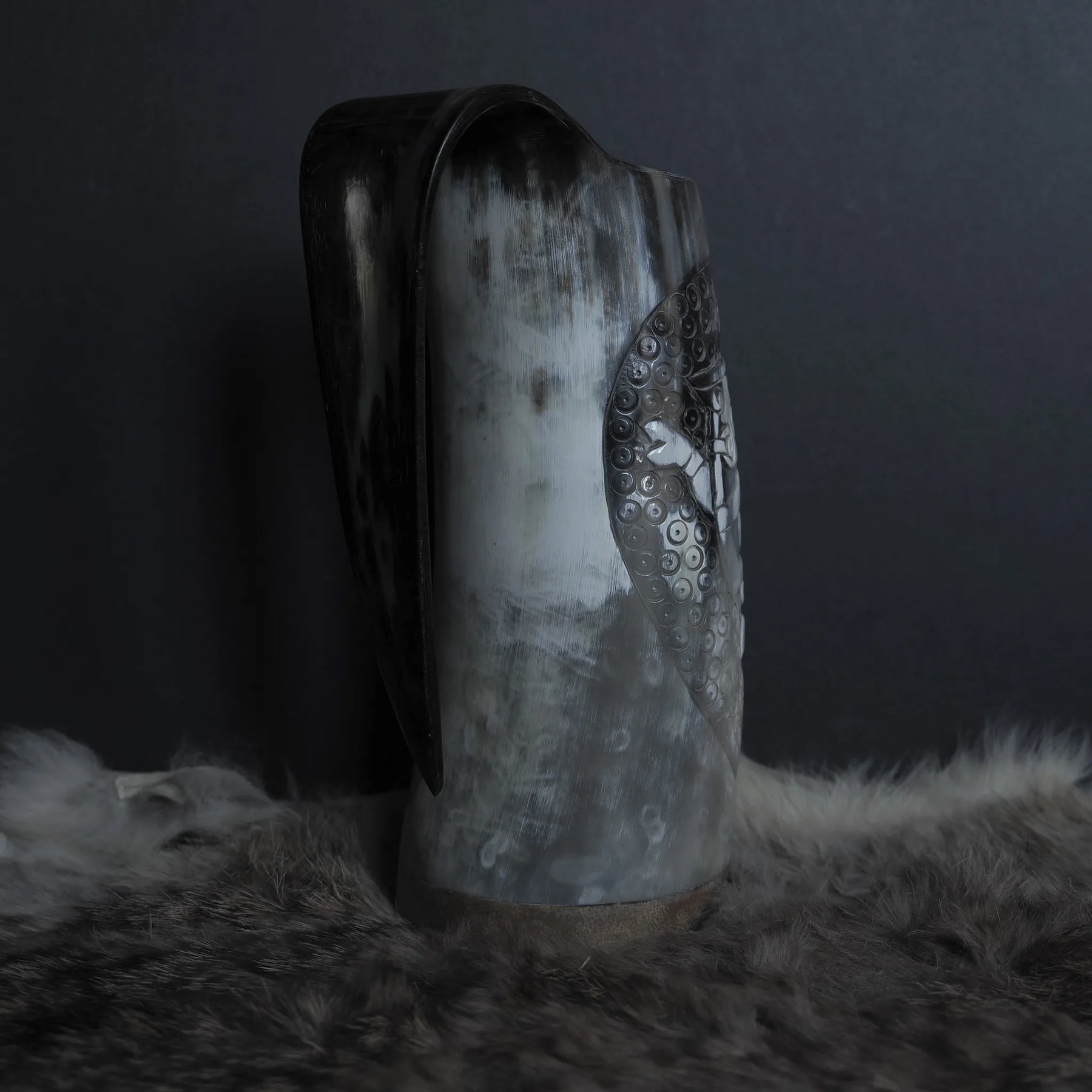 Hand carved horn mug, Allfather Odin