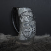 Hand carved horn mug, Allfather Odin