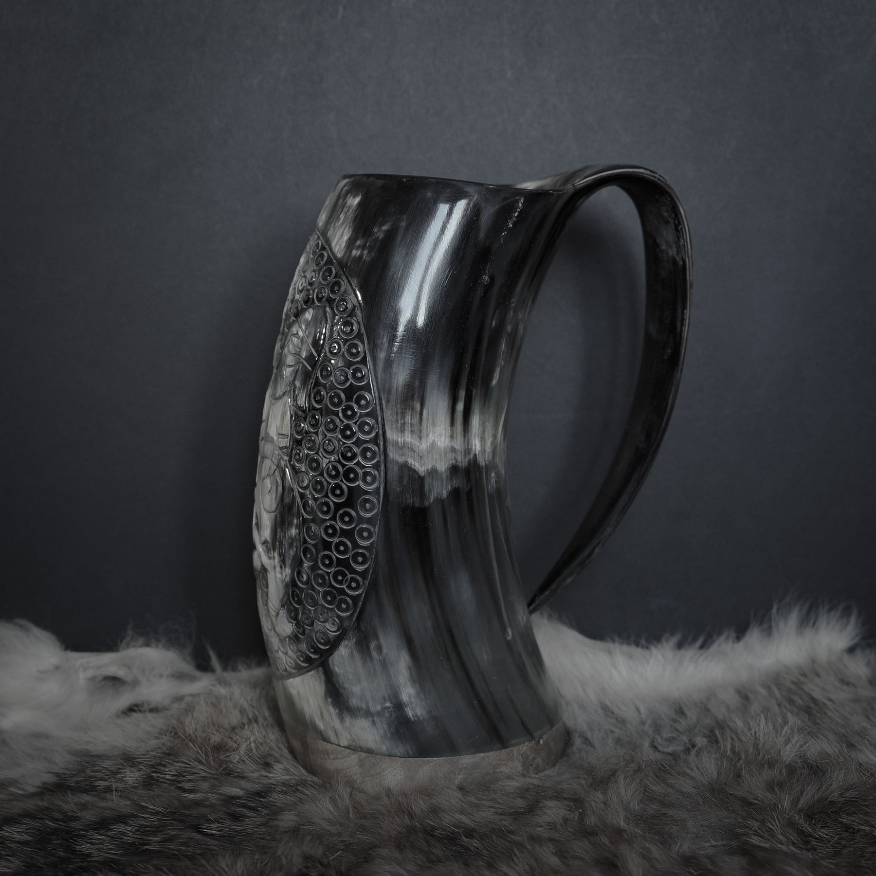 Hand carved horn mug, Allfather Odin