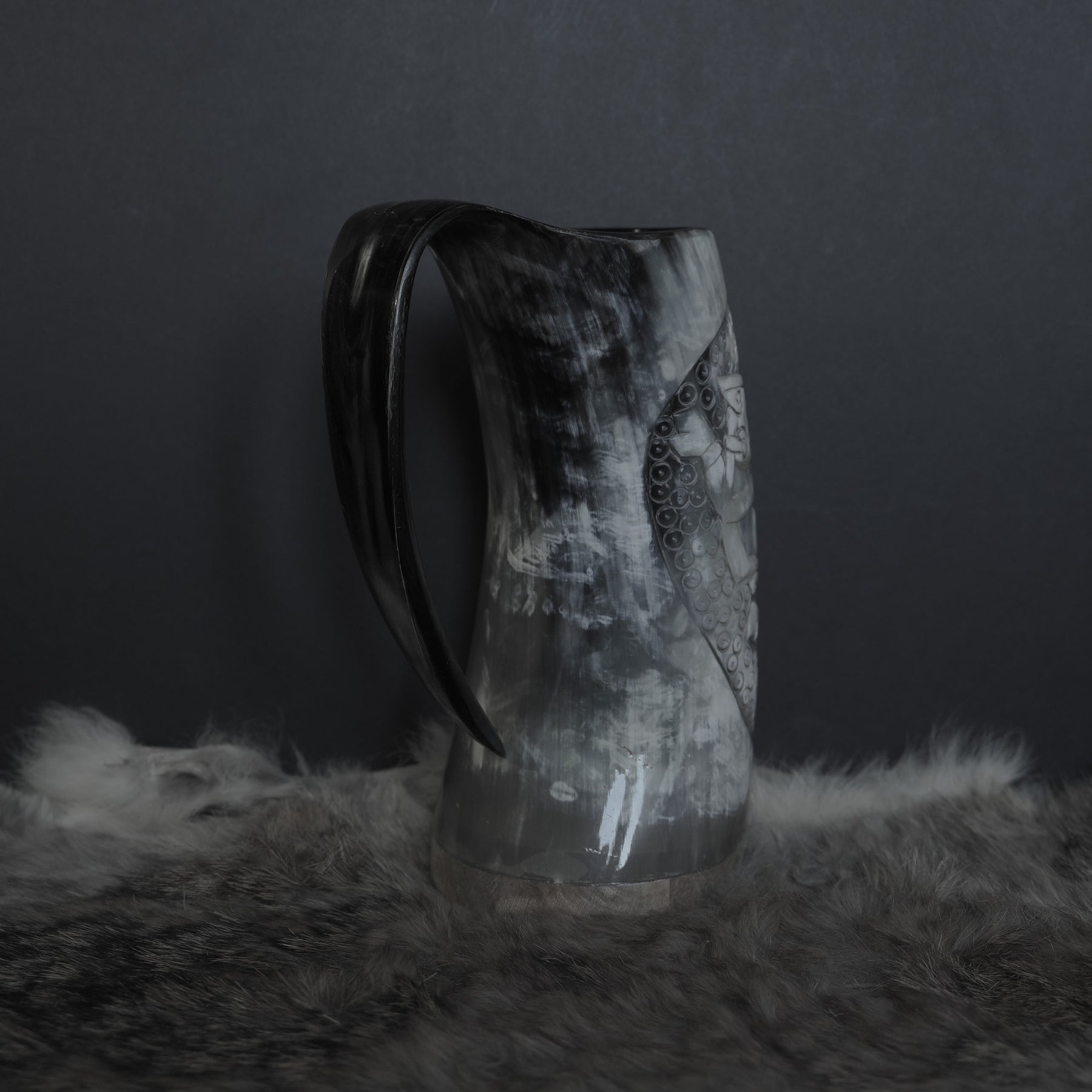 Hand carved horn mug, Allfather Odin