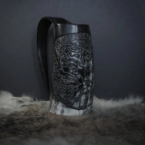 Hand carved horn mug, Allfather Odin