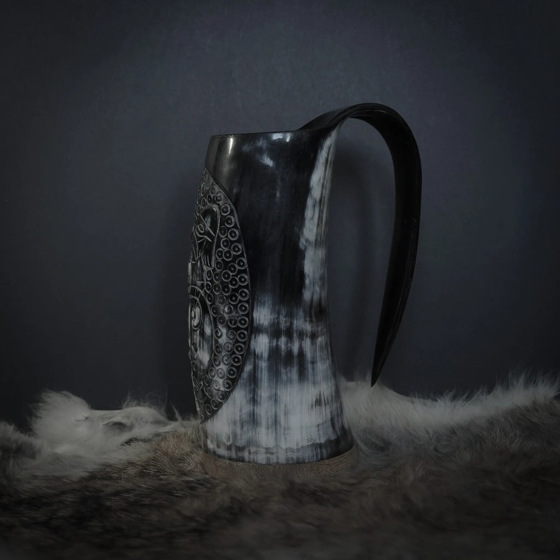 Hand carved horn mug, Allfather Odin