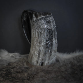 Hand carved horn mug, Allfather Odin