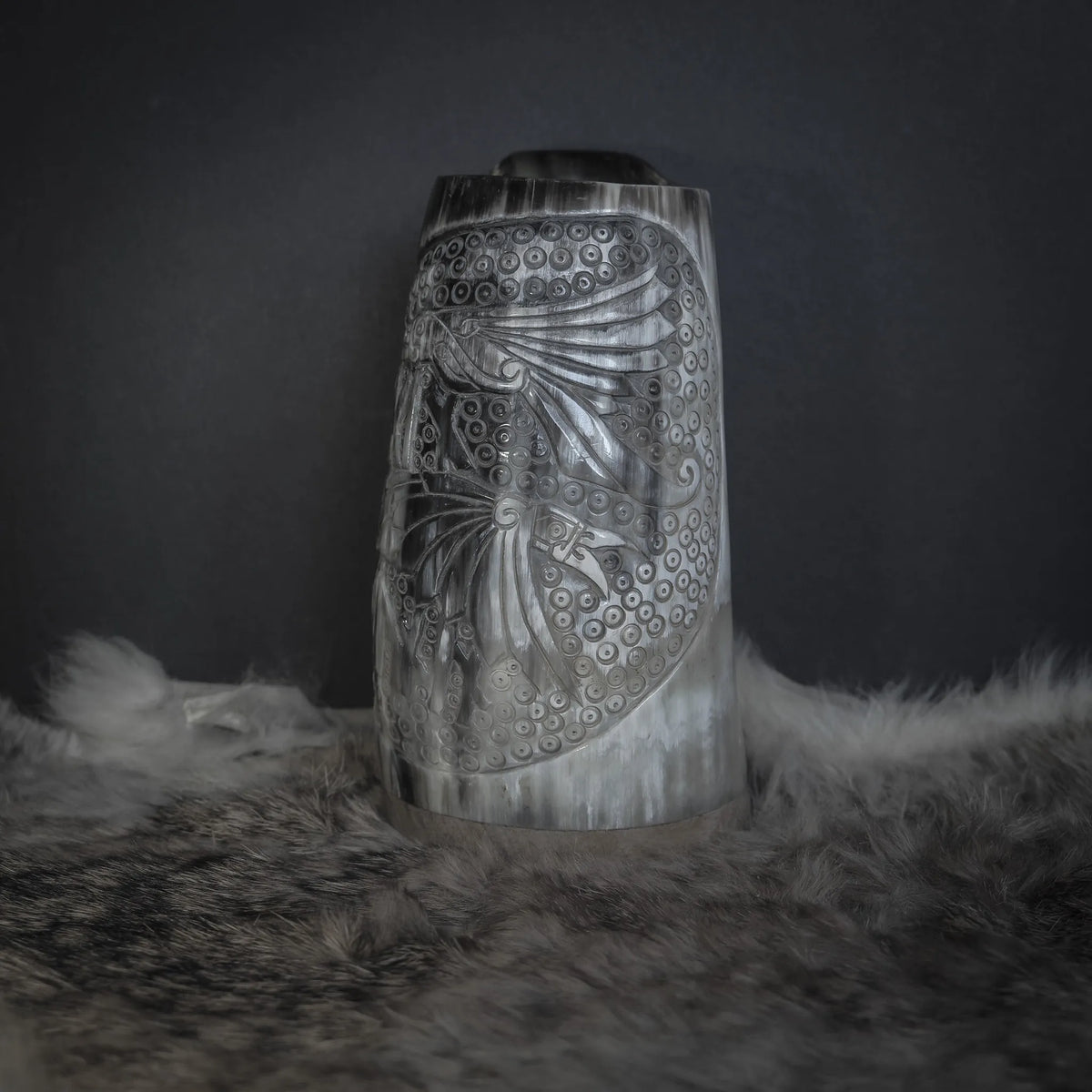 Hand carved horn mug, Allfather Odin