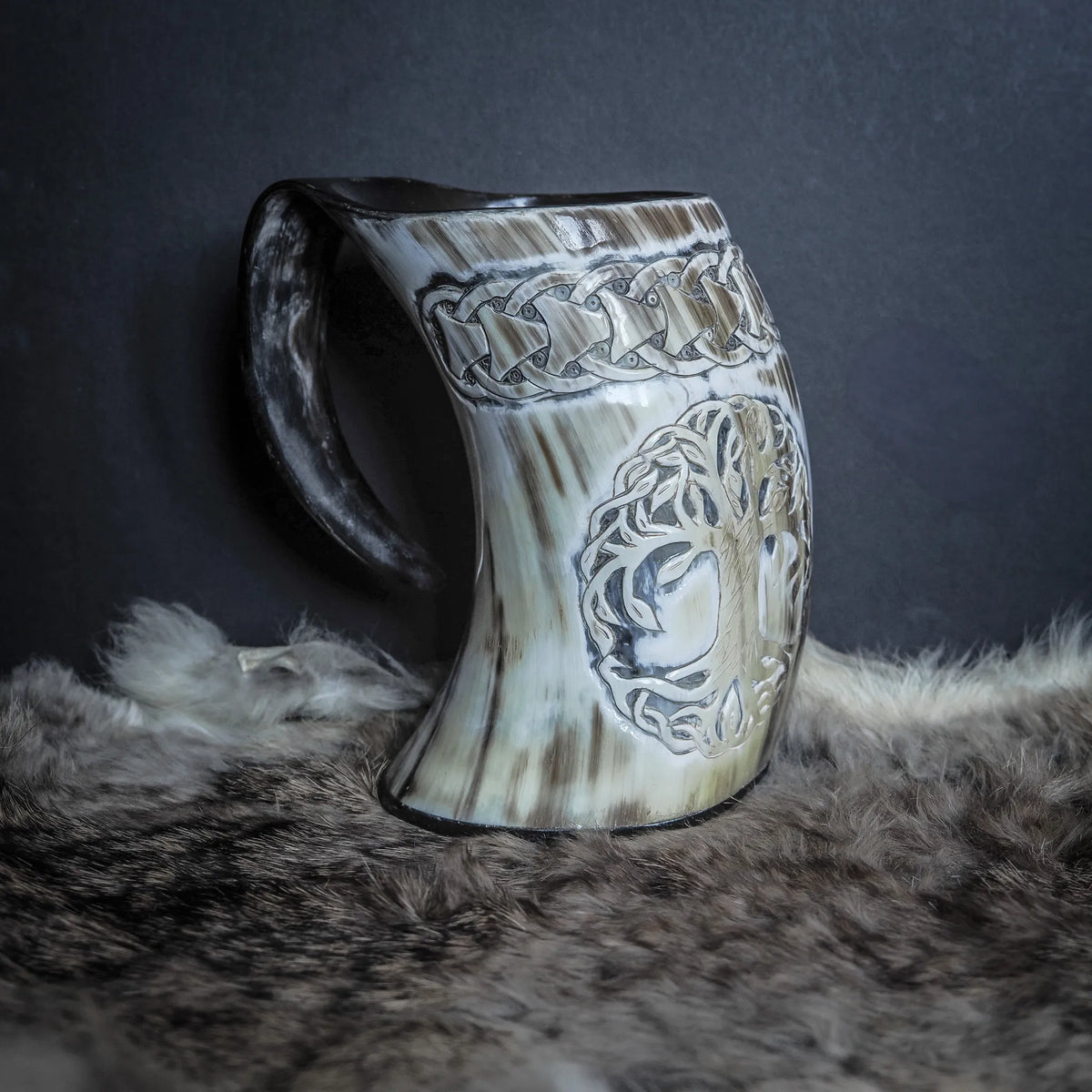 Hand carved horn mug, Allfather Odin