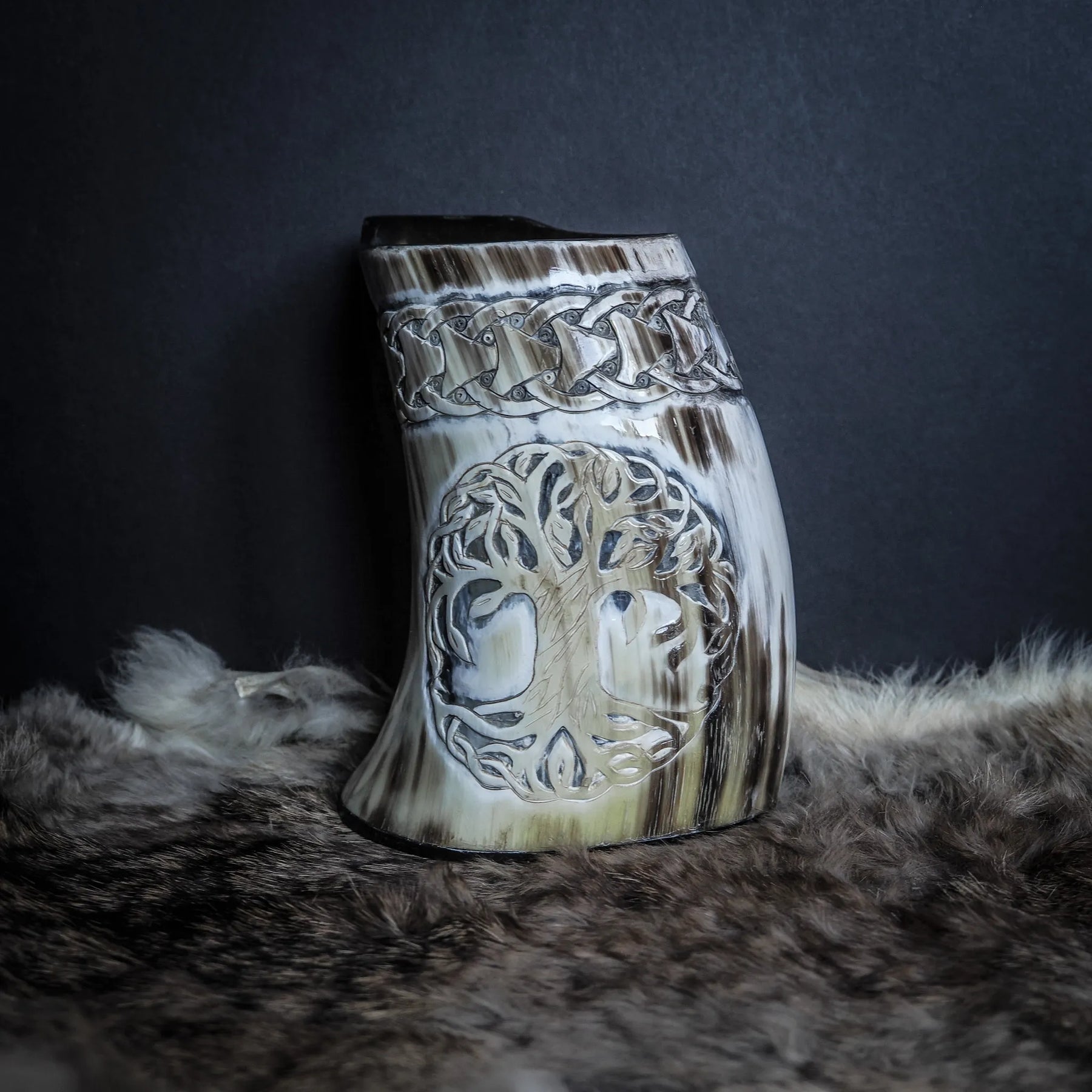 Hand carved horn mug, Allfather Odin