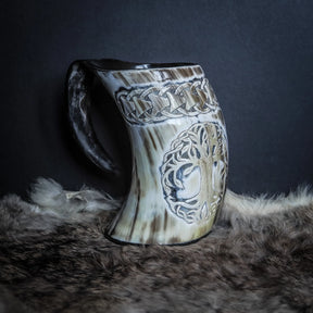 Hand carved horn mug, Allfather Odin