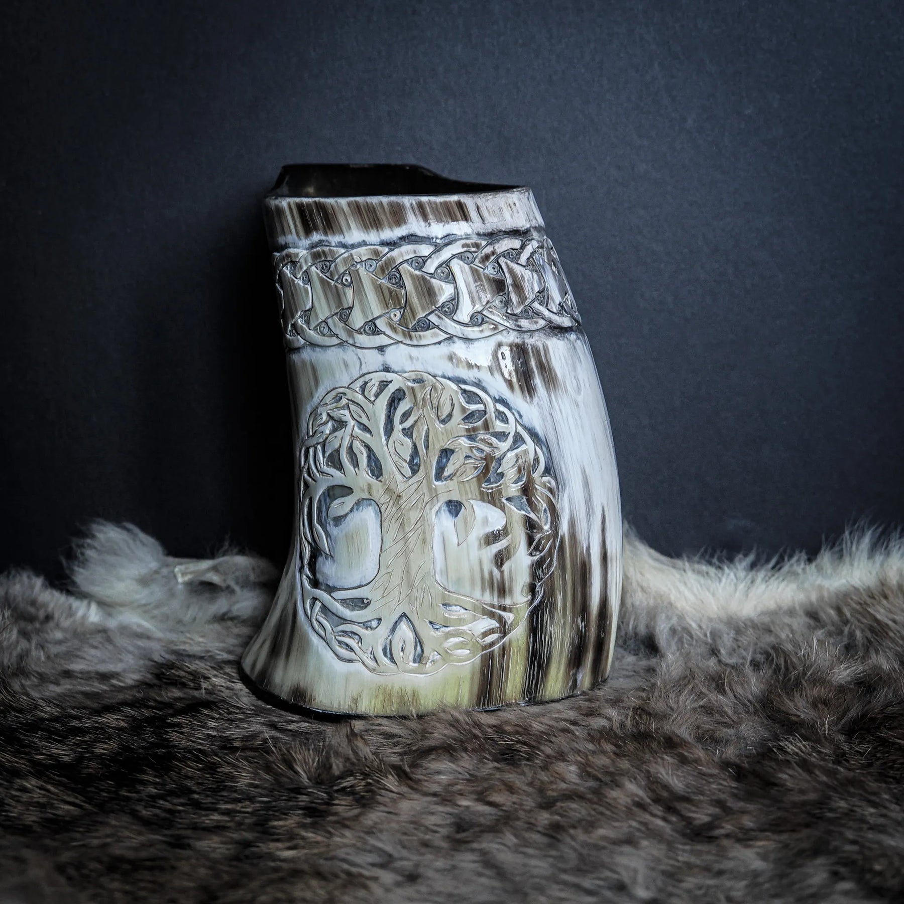 Hand carved horn mug, Allfather Odin