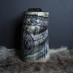 Hand carved horn mug, Allfather Odin