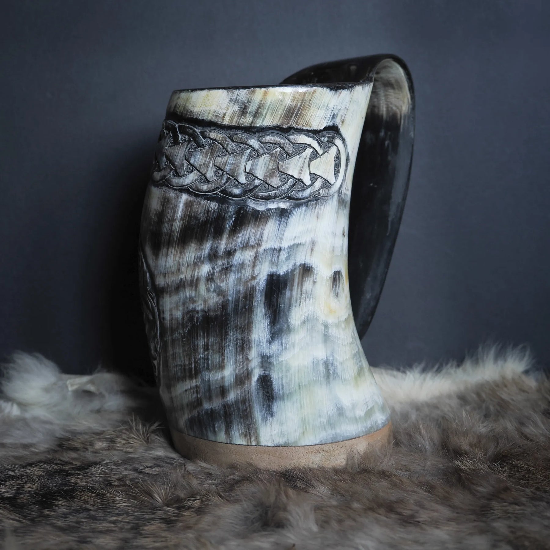 Hand carved horn mug, Allfather Odin