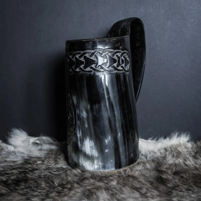 Hand carved horn mug, Allfather Odin