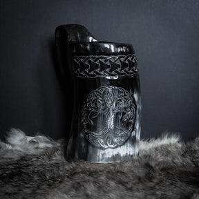 Hand carved horn mug, Allfather Odin