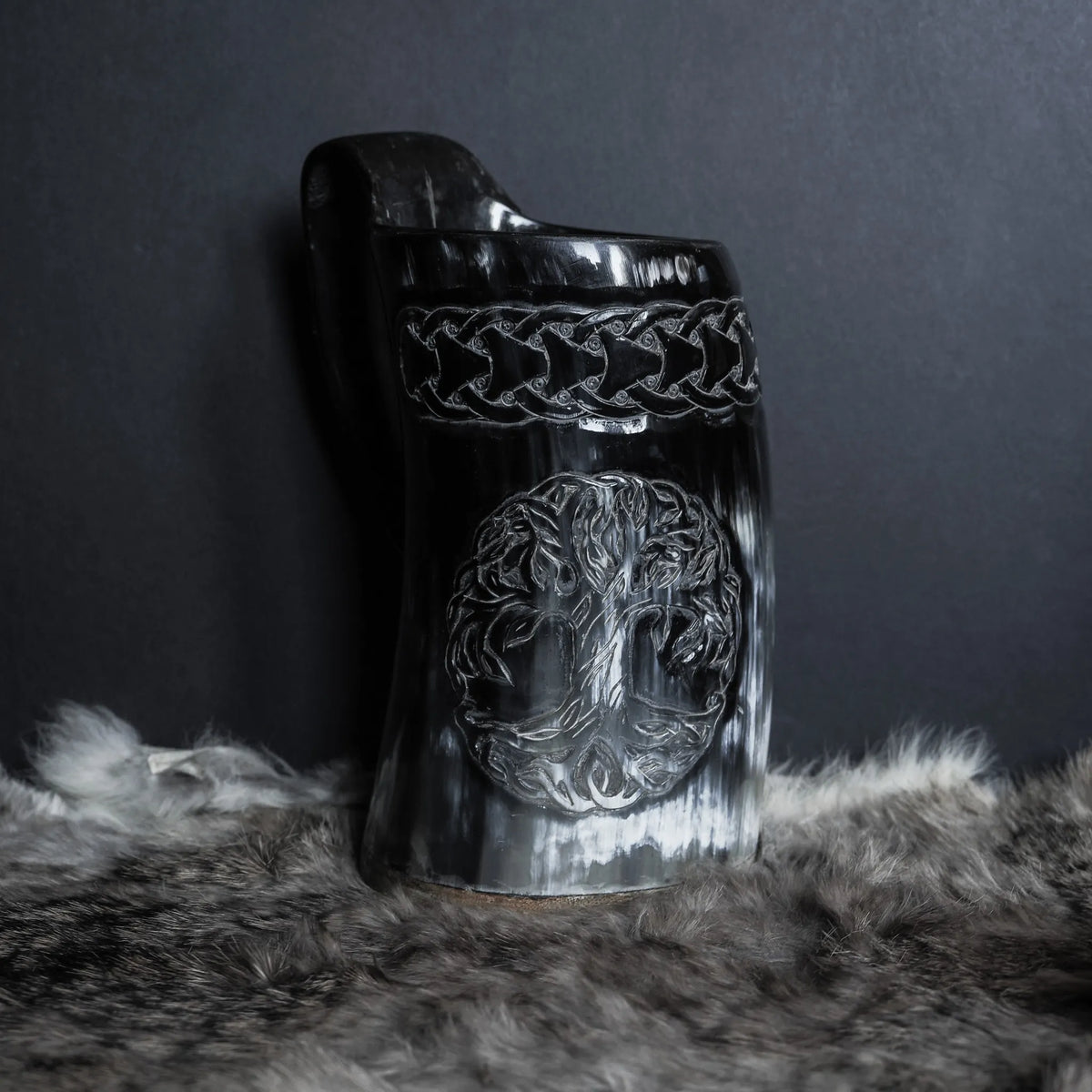 Hand carved horn mug, Allfather Odin