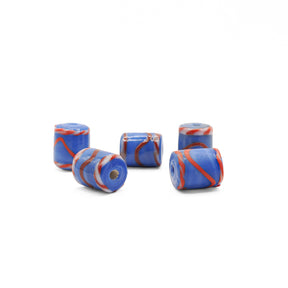 Blue tube-shaped glass bead – five cylindrical beads with red and white lines