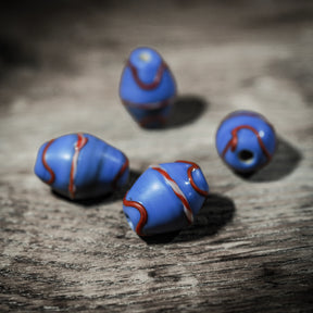 Blue elongated glass bead with red and white decor – 20x16 mm, replica of a find in Ribe