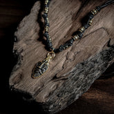 Odin necklace – bronze god mask on black leather cord with bronze beads